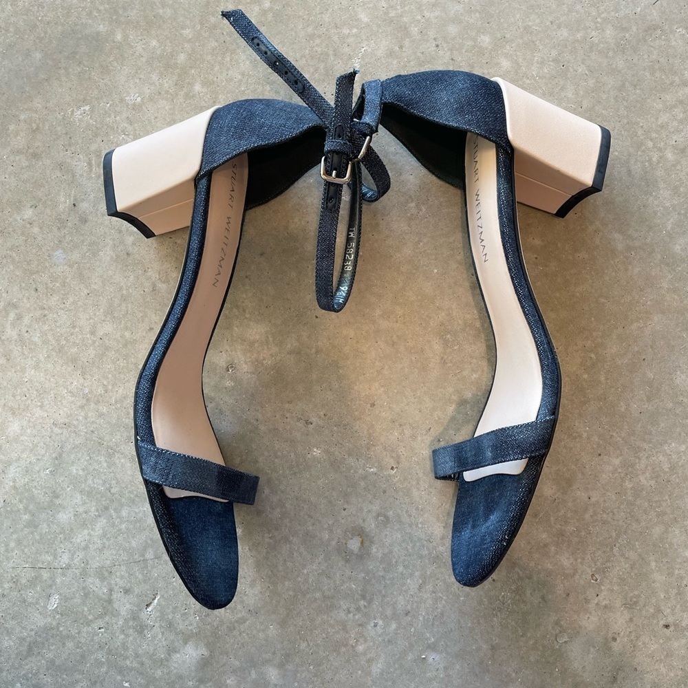 Stuart Weitzman Denim Ankle Strap Block Heel Sandals 9.5 Made in Spain - Picture 4 of 7